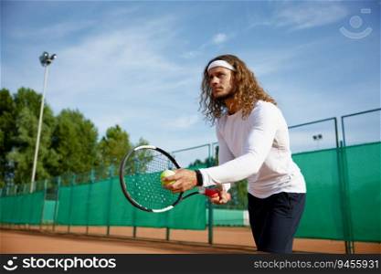 Concentrated male tennis player with racket and ball training on outdoor court. Preparation for serving. Concentrated male tennis player with racket and ball training on outdoor court