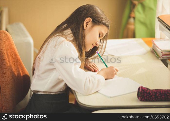 Concentrated schoolgirl doing homework at home