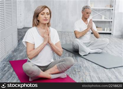 concentrated senior couple performing yoga home