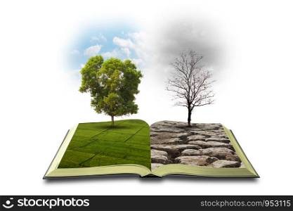 Concept an open book. Bipolarity. On one side, nature, on another smog and a drought isolated on white background