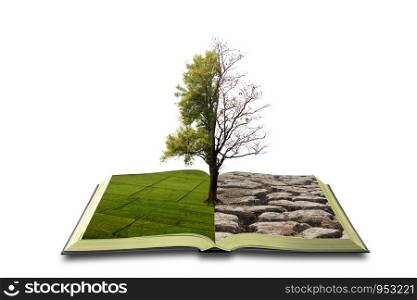 Concept an open book. Bipolarity. On one side, nature, on another smog and a drought isolated on white background