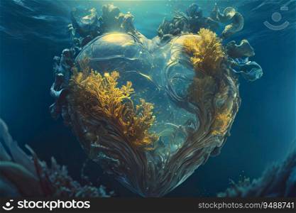Concept Art Heart Shaped Jelly Surrounded by Seaweed Floating in the Ocean