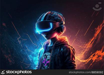 Concept art of a futuristic boy connected to the metaverse, oculus, glasses, living in virtual digital reality cyberspace, mental images gadget .Ai generated