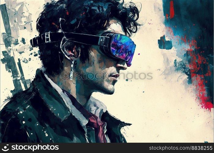 Concept art of a futuristic man  connected to the metaverse, oculus, glasses, living in virtual digital reality cyberspace, mental images gadget .Ai generated