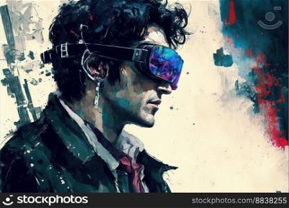 Concept art of a futuristic man  connected to the metaverse, oculus, glasses, living in virtual digital reality cyberspace, mental images gadget .Ai generated
