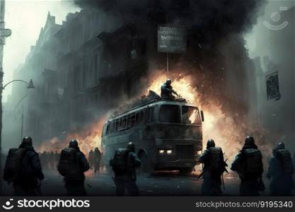 Concept art of riots Streets on fire, silhouettes of angry people protesting in a revolution. Neural network AI generated art. Concept art of riots Streets on fire, silhouettes of angry people protesting in a revolution. Neural network generated art