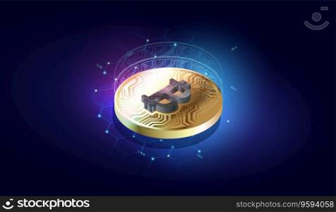concept blockchain and cryptocurrency technology. Isometric bit coin icon.