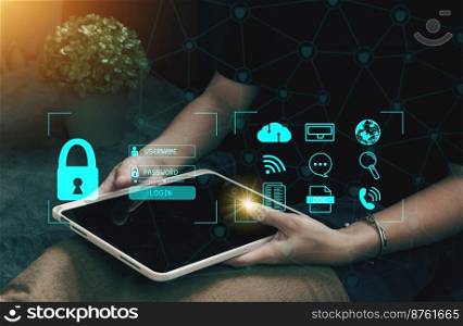 Concept : Cybersecurity Global network security technology,  protect personal information. Encryption with a key icon on the virtual interface.