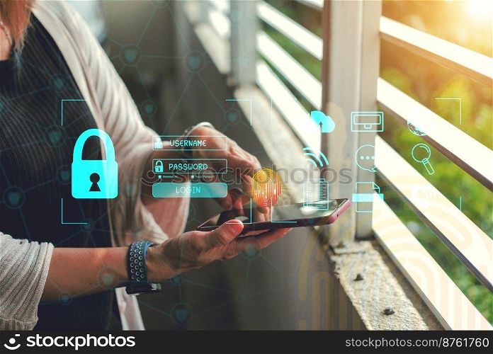Concept   Cybersecurity Global network security technology,  protect personal information. Encryption with a key icon on the virtual interface.