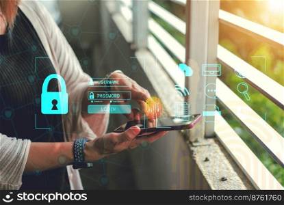 Concept   Cybersecurity Global network security technology,  protect personal information. Encryption with a key icon on the virtual interface.