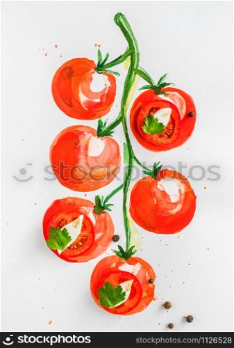 Concept design. Tomatoes with mozzarella cheese.