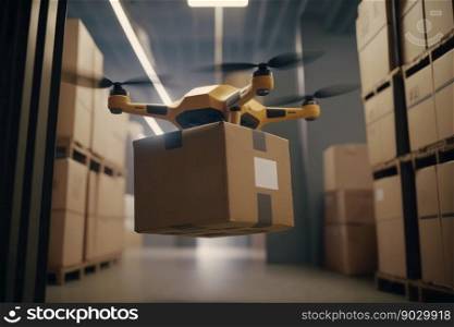 Concept drone artificial Intelligence,autonomous Robot in warehouse logistic with cardboard box, digital illustration painting, Generative AI
