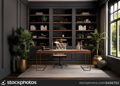 Concept home office with the desk in the center of the room