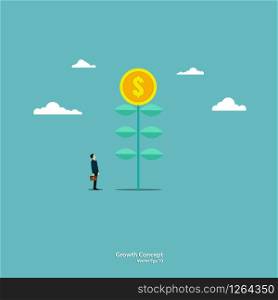 Concept ideas about business. A young businessman stands look at a money tree. Business growth. Success. Leadership. Vector illustration flat design