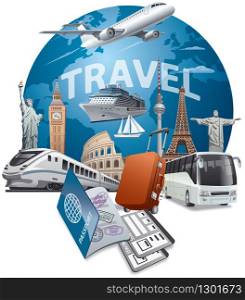 concept illustration of traveling and cruising around the world by different transport. traveling and cruising