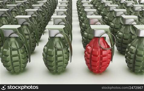 Concept image with one unique red grenade