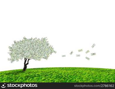 Concept of a cash tree of American dollar banknotes with leaves falling of detoning banking and savings.