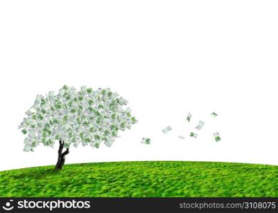 Concept of a cash tree with falling 100 Euro banknotes leaves. Composite shot.