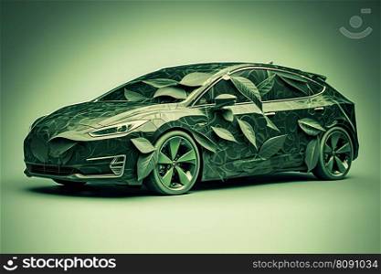 Concept of a ecology car made from green leaves. Neural network AI generated art. Concept of a ecology car made from green leaves. Neural network AI generated