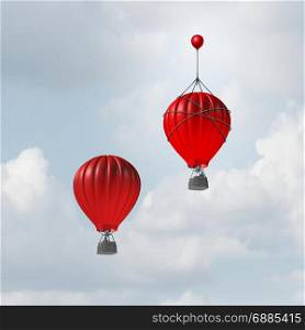 Concept of advantage and competitive edge as two hot air balloons racing to the top but a leader with a small balloon attached giving the winning competitor an extra boost to win the competition with 3D illustration elements.