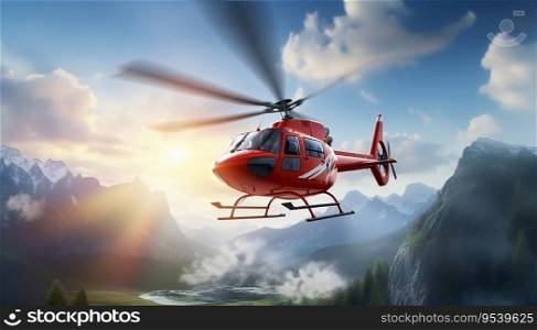 Concept of air ambulance with a helicopter soaring in the air among the mountains