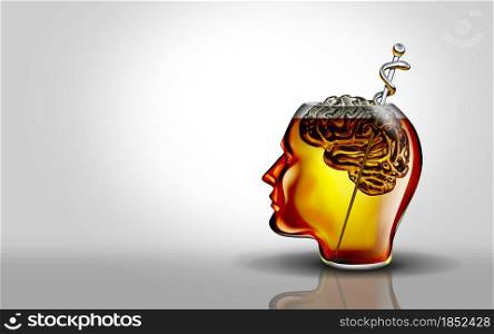 Concept of alcoholism and alcohol abuse addiction psychology as a glass shaped as a human head with an ice cube brain symbol representing drinking disorder as a mental illness as a 3D illustration.