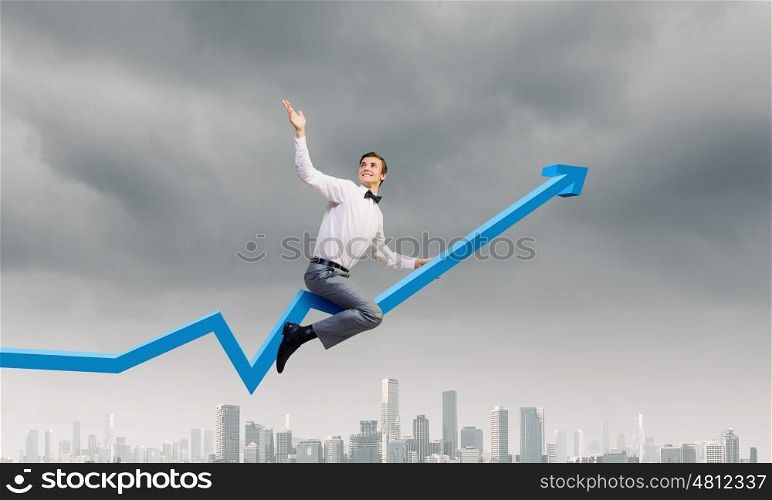 Concept of anti crisis with businessman that tames statistics diagram. Businessman ride graph