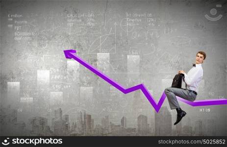 Concept of anti crisis with businessman that tames statistics diagram. Businessman ride graph