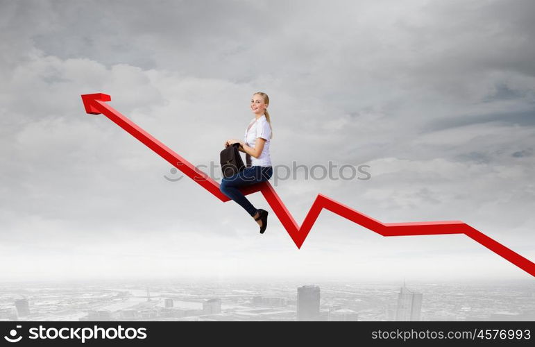 Concept of anti crisis with businesswoman that tames statistics diagram. Businesswoman ride graph