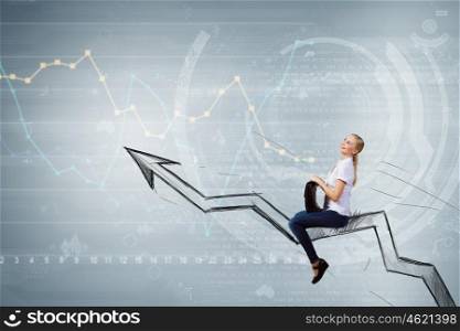 Concept of anti crisis with businesswoman that tames statistics diagram. Businesswoman ride graph