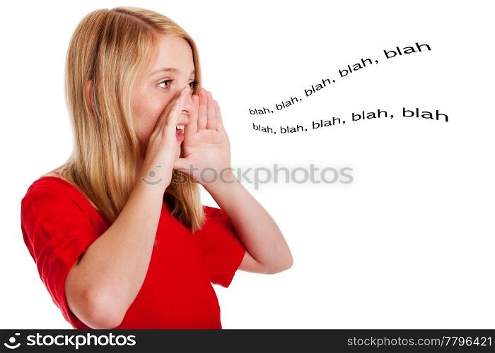 Concept of beautiful girl talking speaking out loud with hands around mouth directing sound, isolated.