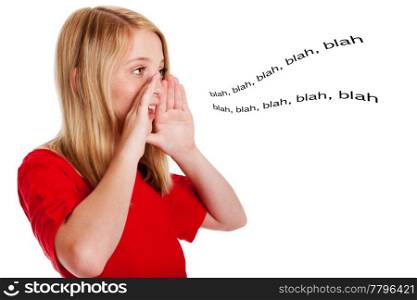 Concept of beautiful girl talking speaking out loud with hands around mouth directing sound, isolated.