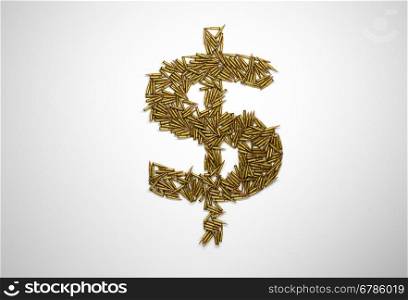 Concept of bloody money. Dollar sign made of riffle bullets on white background.