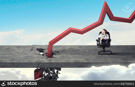 Concept of business collapse. Businessman and red decreasing arrow breaking through floor