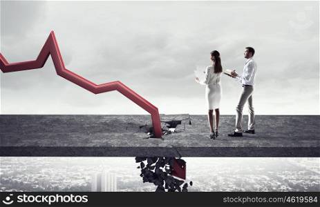 Concept of business collapse. Businesspeople and red decreasing arrow breaking through floor