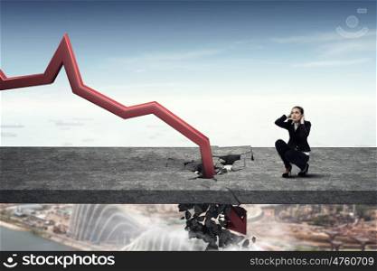 Concept of business collapse. Businesswoman and red decreasing arrow breaking through floor