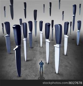 Concept of business danger or career crisis as a businessman in a path of falling knives and knife blades as a metaphor for corporate risk with 3D illustration elements.