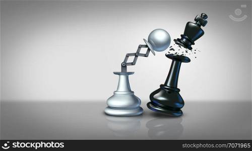 Concept of business strategy as a pawn chess figure destroying and winning over a king piece as a 3D illustration.