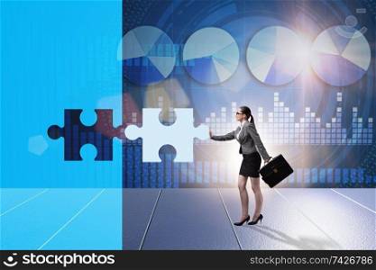 Concept of businesswoman with missing jigsaw puzzle piece
