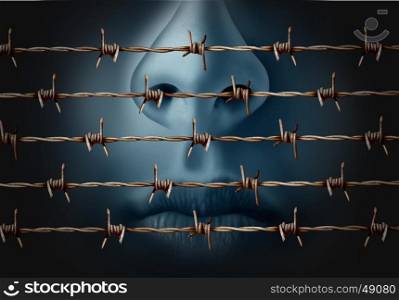 Concept of censorship and freedom of speech crisis symbol and suppression in expression of ideas icon as a human behind in old barbed wire as a metaphor for depression and social isolation in a 3D illustration style.