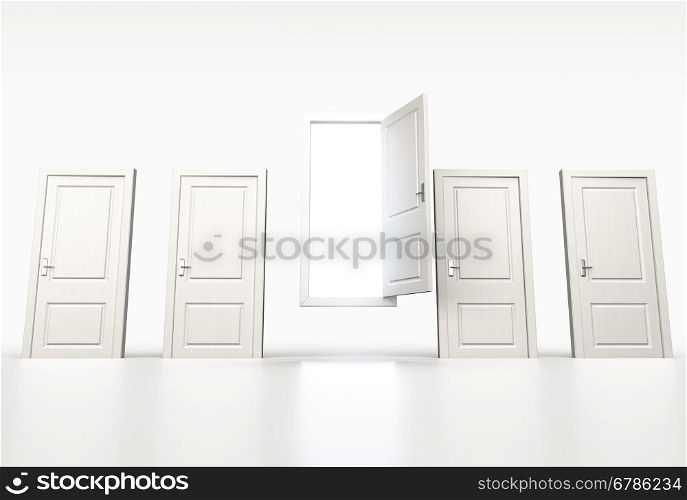 Concept of chance and opportunity. Row of shut white doors. Light shining through open one. 3d render