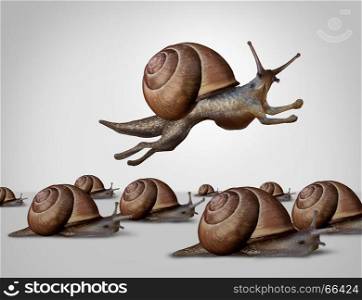 Concept of change and changing to better compete as a group of slow racing snails with one individual fast leader snail with running limbs as a business idea of innovation in a 3D illustration style.