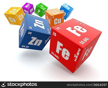 Concept of chemistry. Periodic table of element on cubes 3d