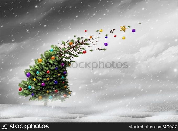 Concept of christmas holiday stress or winter blizzard storm as a christmas tree getting blown away by strong extreme weather winds with ornaments flying with 3D illustration elements.