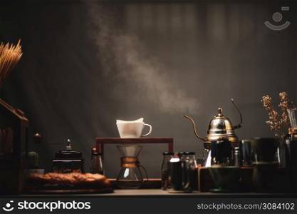concept of coffee drip filter process with coffeemaker, vintage style cafe
