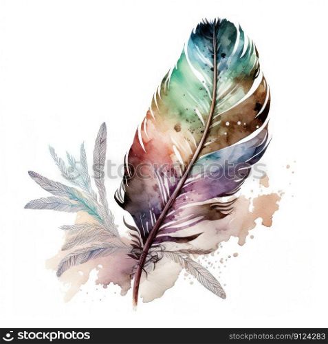 Concept of colorful boho feather tribes isolated on white background in watercolor. Abstract art in part of wings bird design. Finest generative AI.. Concept of colorful boho feather isolated on white background in watercolor.