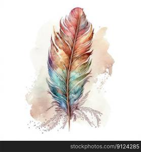 Concept of colorful boho feather tribes isolated on white background in watercolor. Abstract art in part of wings bird design. Finest generative AI.. Concept of colorful boho feather isolated on white background in watercolor.