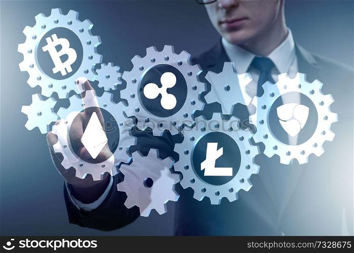 Concept of cryptocurrencies with man pressing buttons
