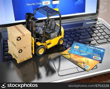 Concept of delivering, shipping or logistics. Forklift on laptop keyboard and credit cards. 3d