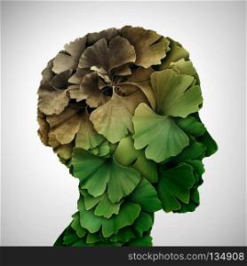 Concept of dementia and memory loss or brain aging due to alzheimer’s disease as a medical icon with ginkgo biloba leaves shaped as a human head in a 3D illustration style.
